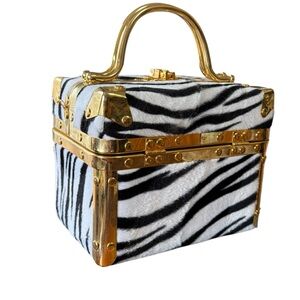 Vintage 1960s COMECO Zebra Print Accessory Train Case Box Bag Gold Hardware